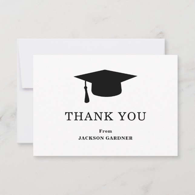 Simple Black and White Mortar Board Graduation Thank You Card (Front)