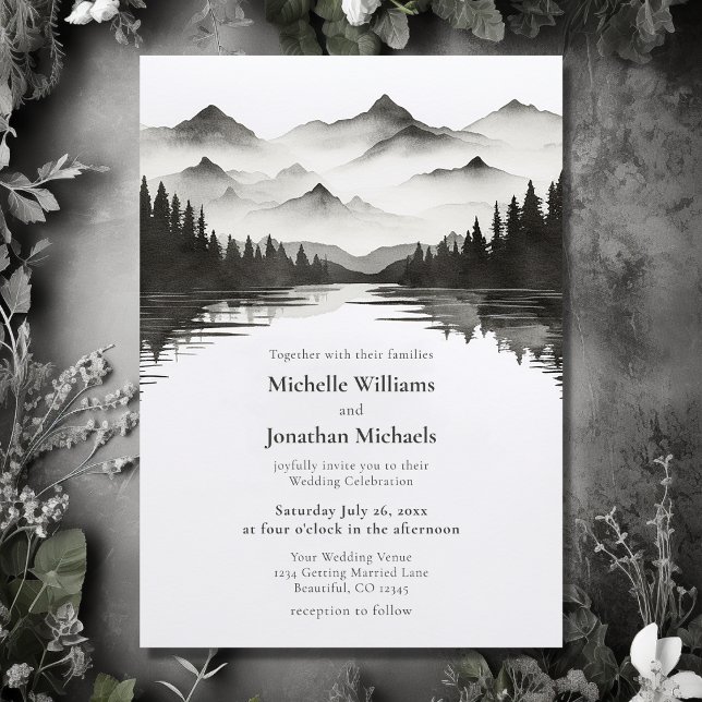 Simple Black and White Mountain Lake Wedding Invitation (Front - Simple Black and White Mountain Lake Wedding Invitation)