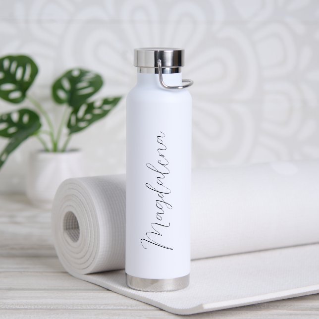 Simple Black and White Name Elegant Script Modern Water Bottle (Yoga)