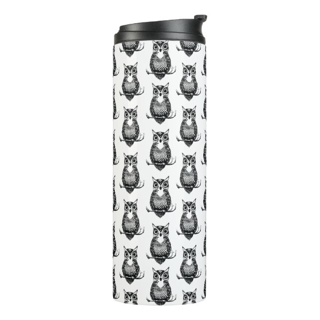 Simple Black and White Owl Pattern Thermal Tumbler (Rotated Left)