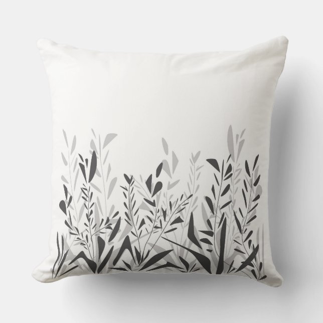 Simple black and white pattern with wild plants cushion (Front)