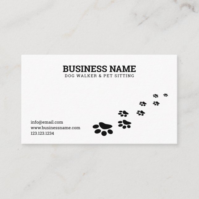 Simple Black and White Paw Print Dog Walking Business Card (Front)