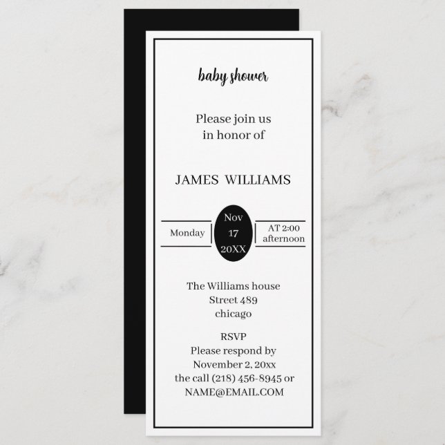 Simple Black And White Personalised Baby Shower  Invitation (Front/Back)