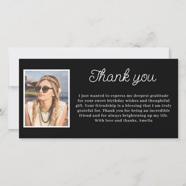 Simple Black and White Photo Birthday  Thank You Card (Front)
