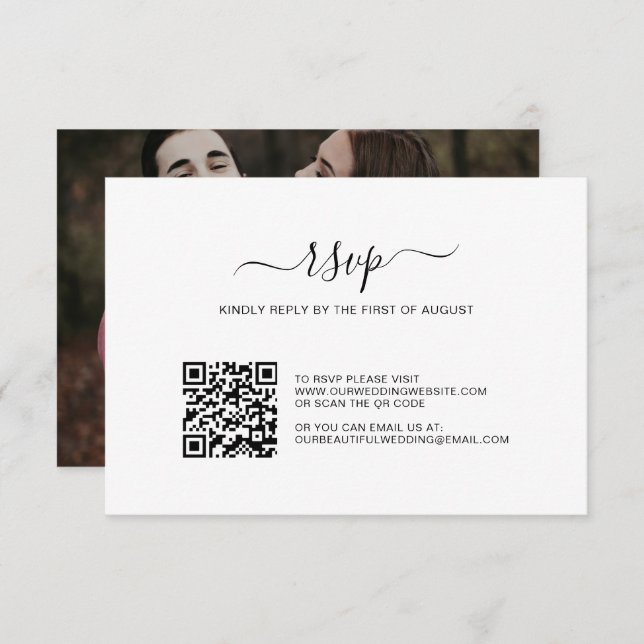 Simple Black and White Photo QR Code Wedding RSVP Card (Front/Back)