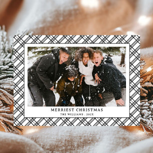 Simple Black and  White Plaid Photo Christmas Holiday Card