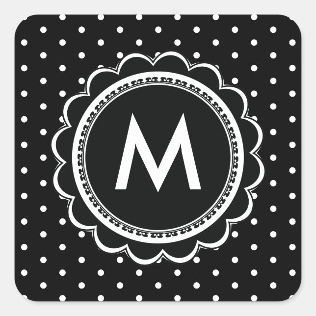 Simple Black and White Polka Dot Monogram Retro Square Sticker (Front)
