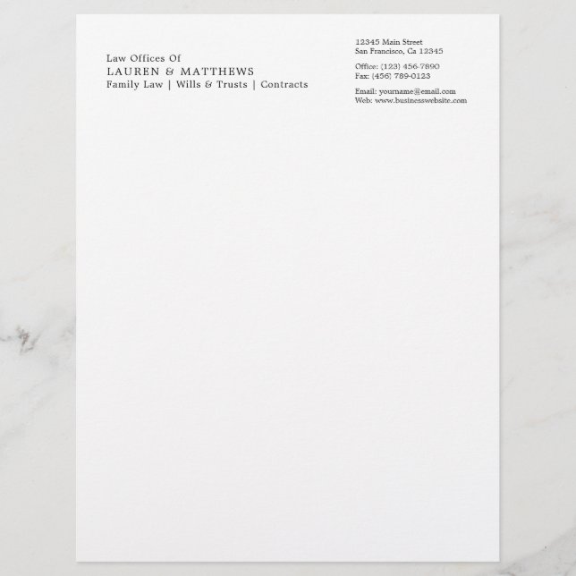 Simple Black and White Professional Lawyer Custom Letterhead (Front)