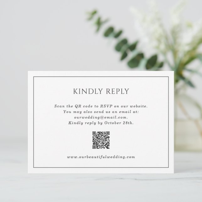 Simple Black and White QR Code Elegant Wedding RSVP Card (Standing Front)