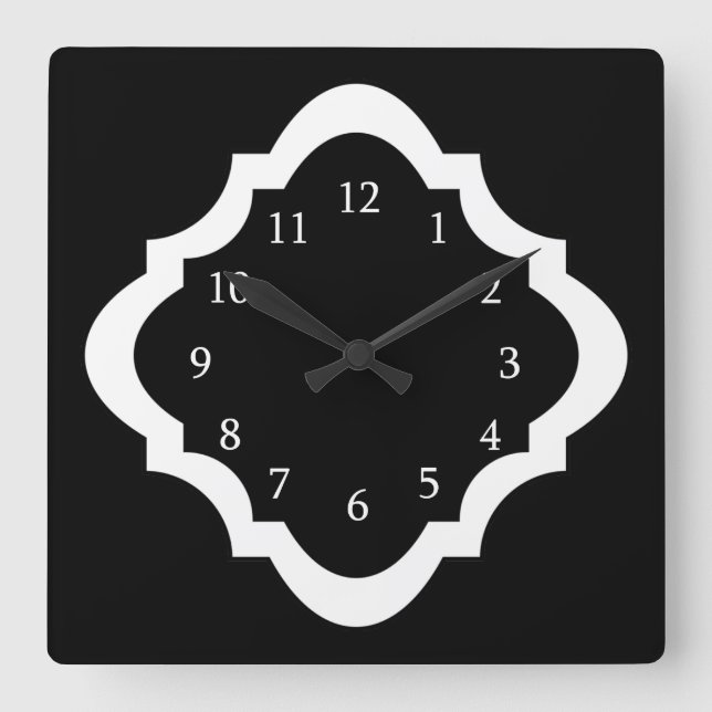 Simple Black And White Quatrefoil Pattern Square Wall Clock (Front)