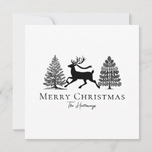 Simple Black and White Reindeer Evergreen Trees Holiday Card