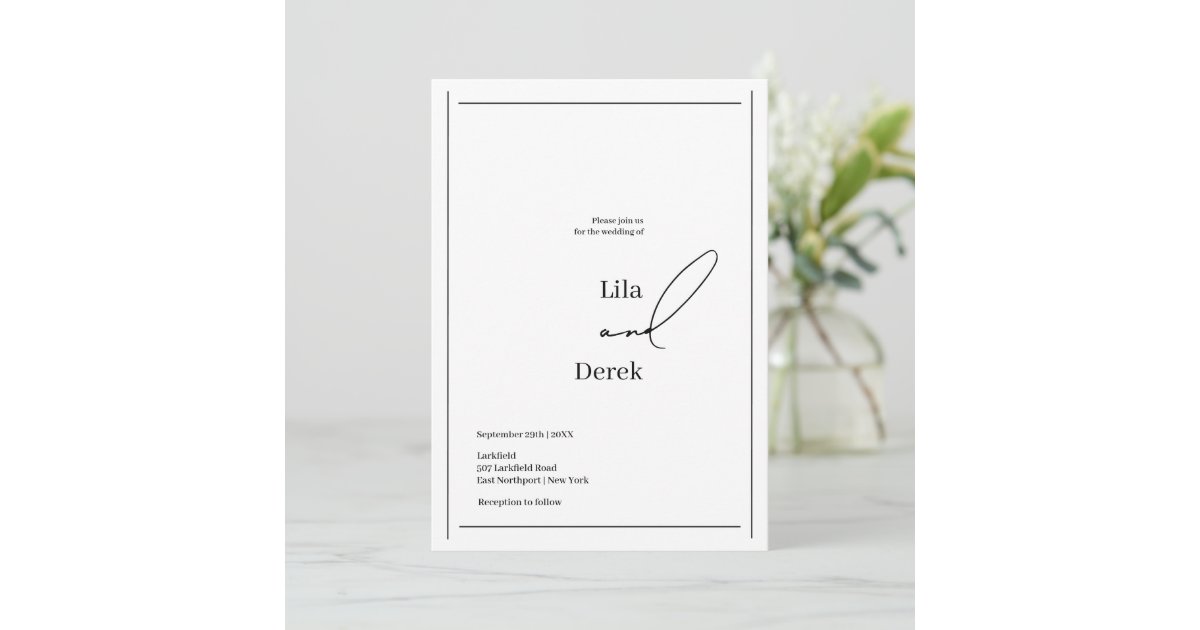 Simple Black and White Script Border Frame Wedding Invitation | Zazzle