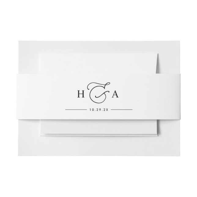 Simple Black and White Script Monogram Wedding Invitation Belly Band (Front Example)