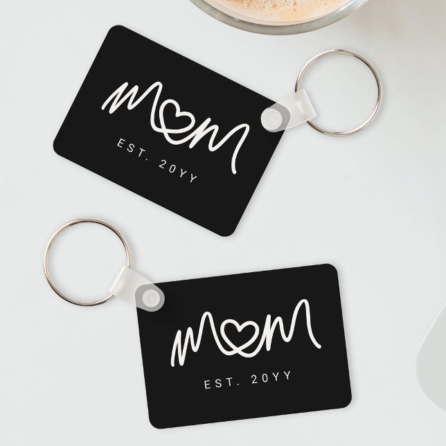 Simple Black and White Script  Mum Established Est Key Ring (Simple Black and White Script Mom Established Est Keychain)