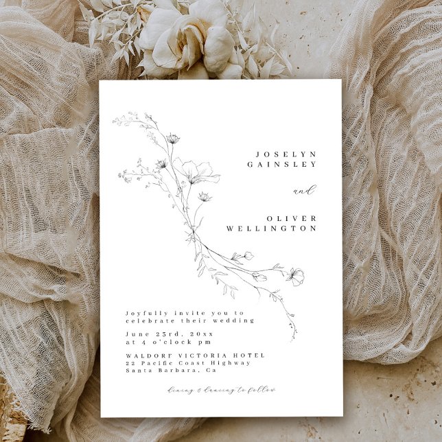 Simple Black and White Sketched Floral Wedding Invitation (Creator Uploaded)