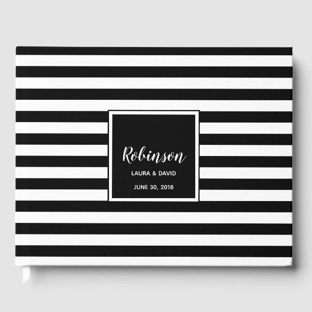Simple Black and White Striped Wedding Guest Book (Front)