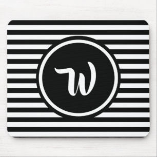 Simple Black and White Stripes Striped Initials Mouse Mat