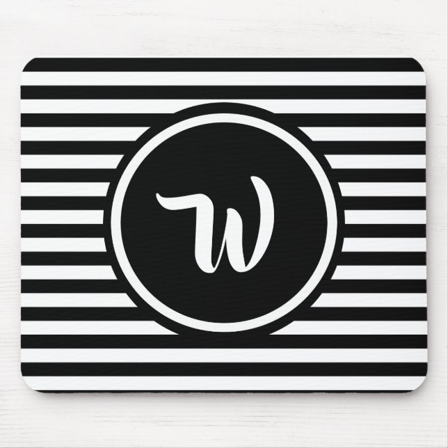 Simple Black and White Stripes Striped Initials Mouse Mat (Front)