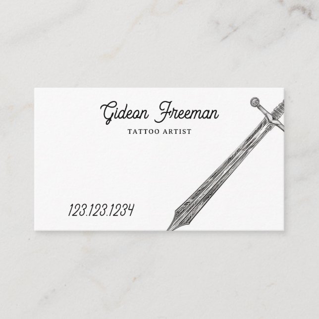 Simple Black and White Sword Tattoo Artist Business Card (Front)