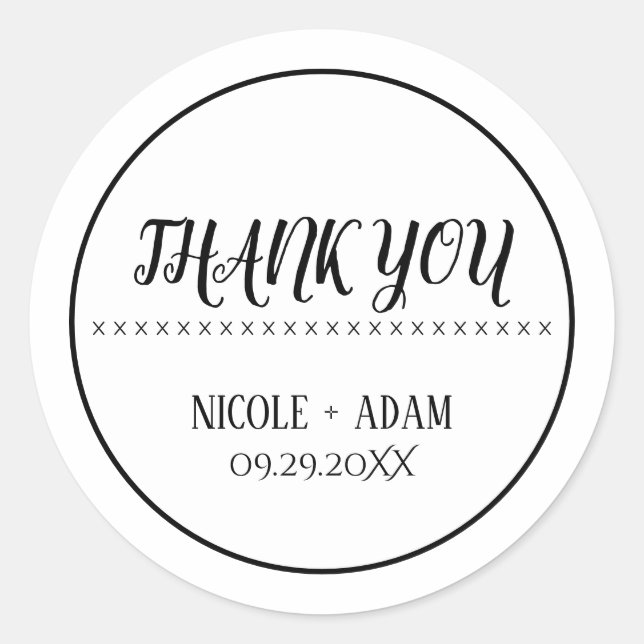 Simple Black and White Thank You Wedding Classic Round Sticker (Front)