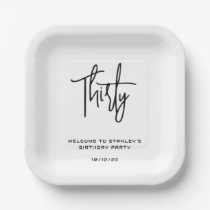 Simple Black and White Thirty Birthday Party Paper Plate