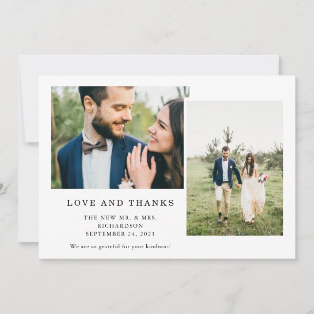Simple Black and White | Three Photo Wedding Thank You Card (Front)
