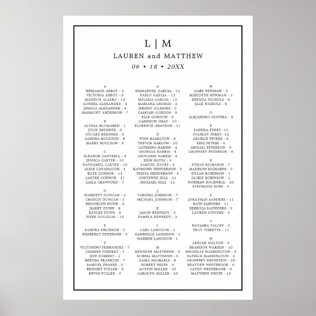 Simple Black and White Wedding Seating Chart (Front)