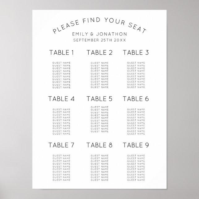 Simple Black and White Wedding Seating Chart (Front)