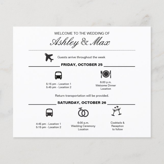 Simple Black and White Wedding Weekend Itinerary (Front)