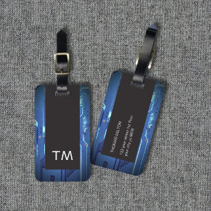 Simple Black Blue Circuit Board Monogram Luggage Tag
