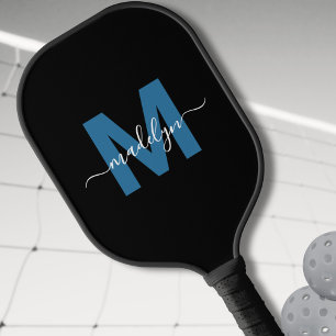 Simple Black Blue Letter Name Monogram Pickleball Paddle