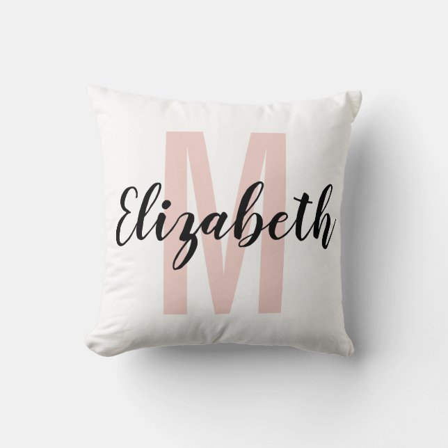 Simple Black Blush Pink Hand Script Monogram Cushion (Front)