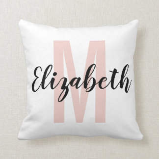 Simple Black Blush Pink Hand Script Monogram Cushion