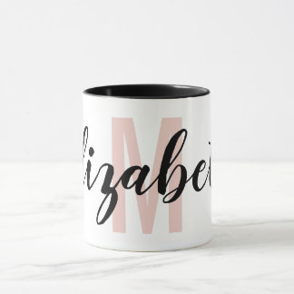 Simple Black Blush Pink Hand Script Monogram Mug