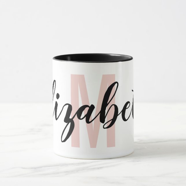 Simple Black Blush Pink Hand Script Monogram Mug (Center)