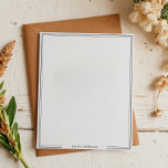 Simple Black Border Name Stationery Notepad<br><div class="desc">The notepad features a clean, minimalist design with a thin double-border frame outlining the edges, accented by subtle decorative breaks at the corners. The white background enhances its simplicity, while a central space at the bottom allows for personalised text in a modern, elegant font. The overall look is symmetrical and...</div>
