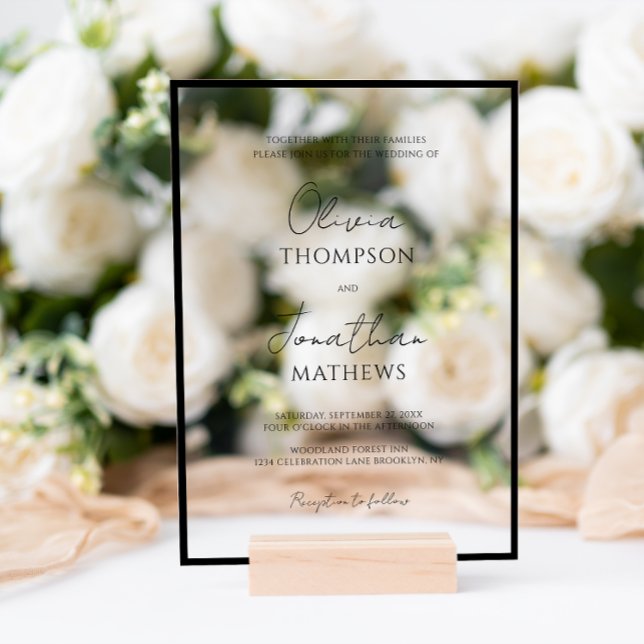 Simple Black Border White Script Wedding Acrylic Invitations (Creator Uploaded)