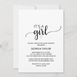 Simple Black Calligraphy Blush Pink It's A Girl Invitation