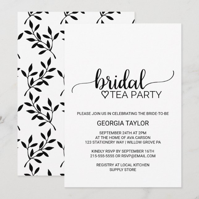 Simple Black Calligraphy Bridal Tea Party Invitation (Front/Back)