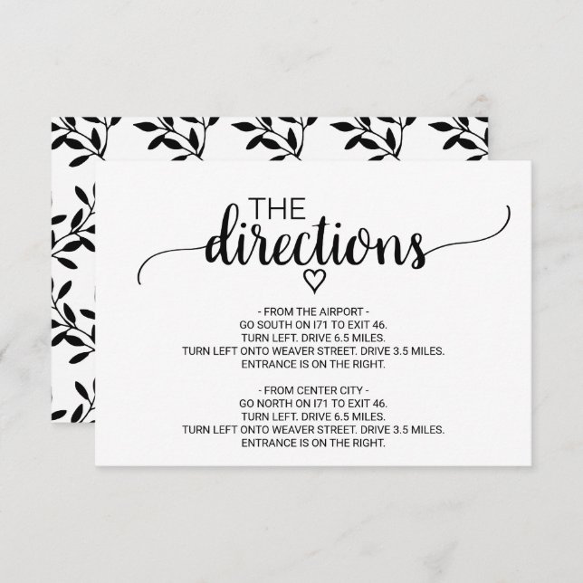 Simple Black Calligraphy Directions Insert (Front/Back)