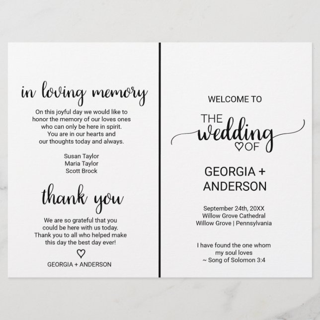 Simple Black Calligraphy Folded Wedding Program (Front)