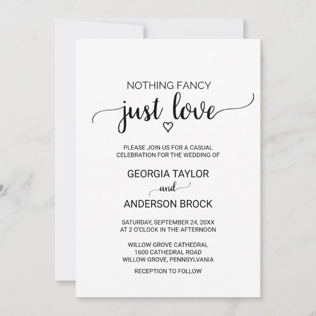 Simple Black Calligraphy Nothing Fancy Just Love Invitation (Front)