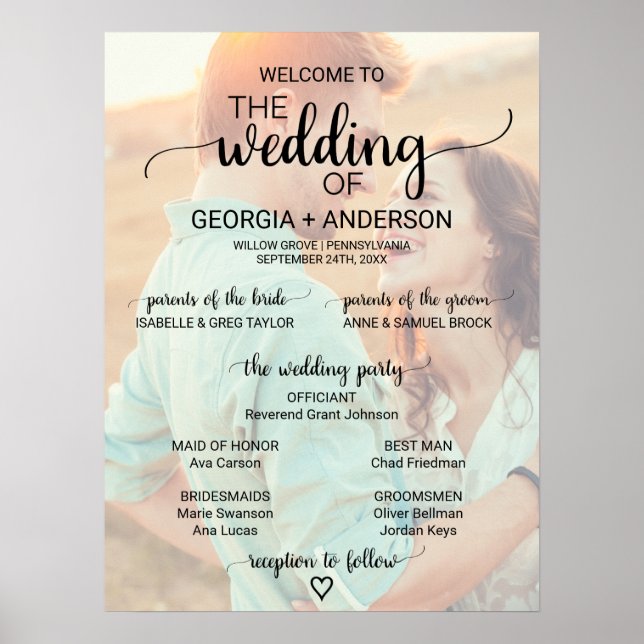 Simple Black Calligraphy Photo Wedding Program Poster (Front)