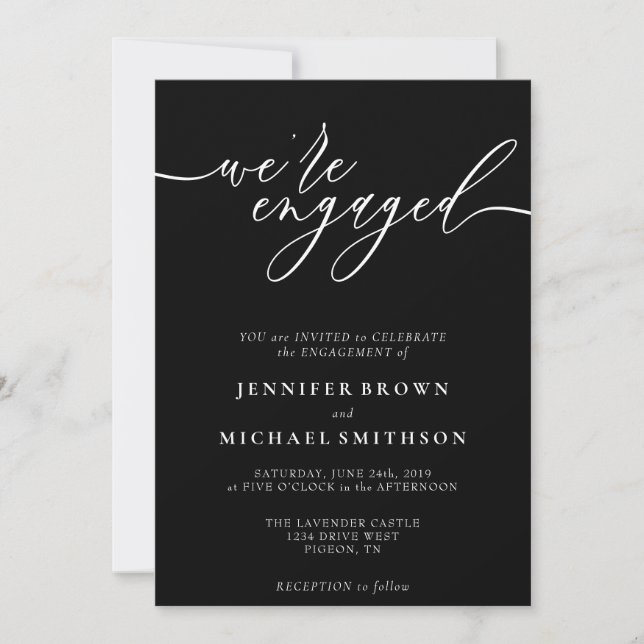 Simple black calligraphy we are engaged invitation (Front)