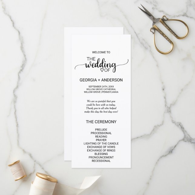 Simple Black Calligraphy Wedding Program Programme (Front/Back In Situ)