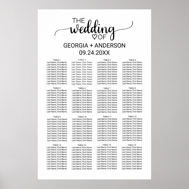 Simple Black Calligraphy Wedding Seating Chart (Front)