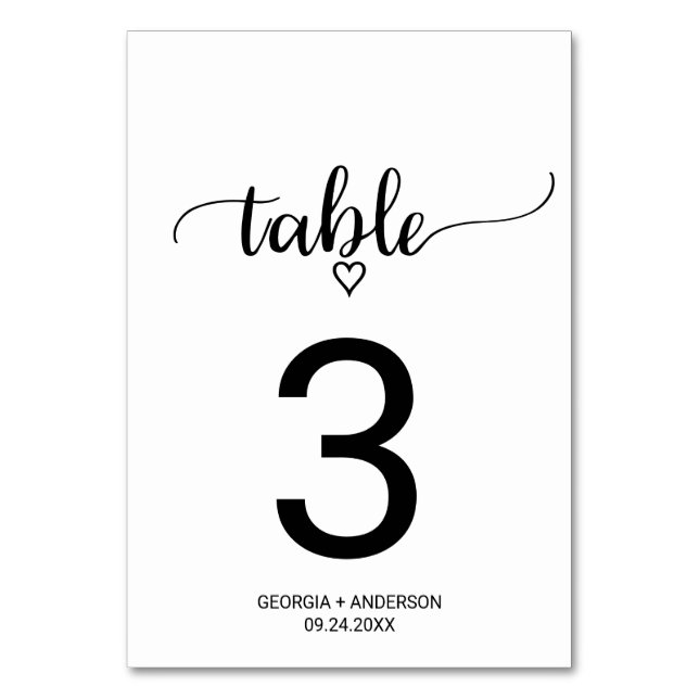 Simple Black Calligraphy Wedding Table Number (Front)