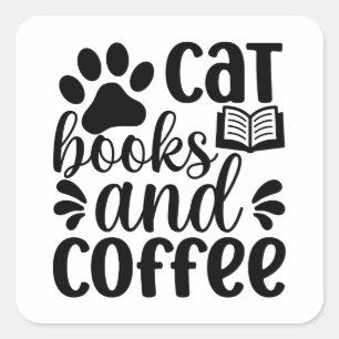 Simple Black "Cat Books and Coffee" Lover Gift Square Sticker
