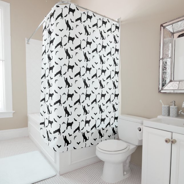 Simple Black Cats And Bats Pattern Cute Halloween Shower Curtain (In Situ)