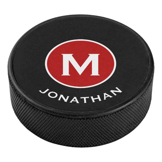 Simple Black Classic Red Monogram Name Hockey Puck (3/4)